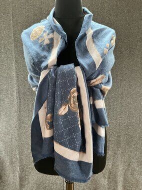 27x74 blue tan floral scarf shoulder wrap drape Pretty Persuasions NWT